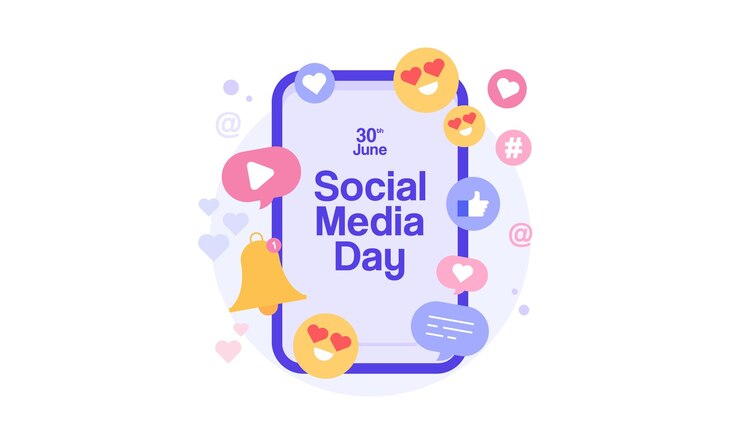 Illustrazione del giorno dei social media con icone di social network sullo smartphone Design moderno e minimalista