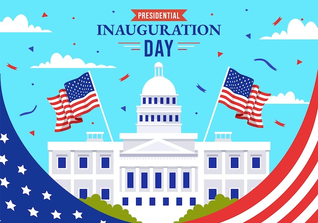 Illustrazione del giorno dell'inaugurazione presidenziale degli Stati Uniti con il Campidoglio di Washington DC e la bandiera americana