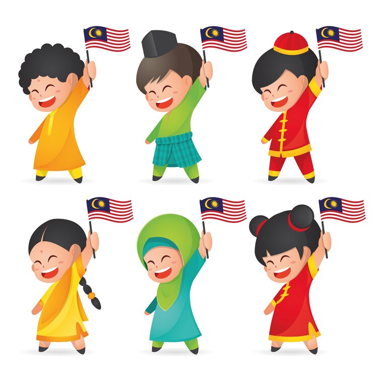 Illustrazione del giorno dell'indipendenza della Malesia con un simpatico bambino malese, indiano e cinese.