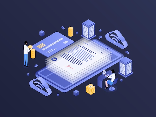 Illustrazione del gradiente scuro isometrico del prestito online adatta per i diagrammi dei banner del sito Web dell'app mobile Infografica e altre risorse grafiche