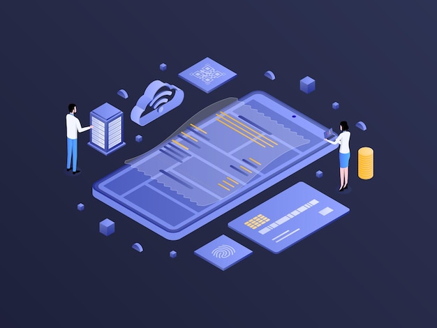 Illustrazione del gradiente scuro isometrico del sistema del punto vendita adatta per i diagrammi dei banner del sito Web dell'app mobile Infografica e altre risorse grafiche