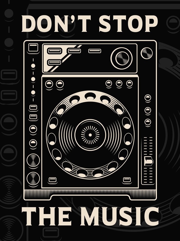 Vettore illustrazione del lettore dj su sfondo scuro. il testo è nel gruppo separato.