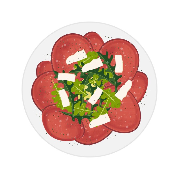 Vettore illustrazione del logo clip art insalata di bresaola di carne di manzo italiana secca