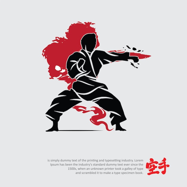 Illustrazione del logo del personaggio della silhouette delle arti marziali La parola straniera in giapponese significa Karate