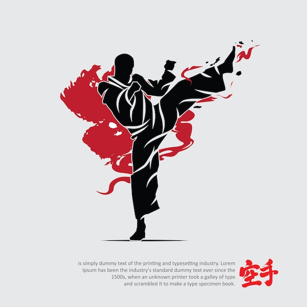 Illustrazione del logo del personaggio della silhouette delle arti marziali La parola straniera in giapponese significa Karate