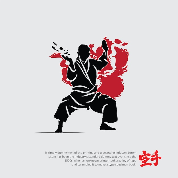 Illustrazione del logo del personaggio della silhouette delle arti marziali La parola straniera in giapponese significa Karate