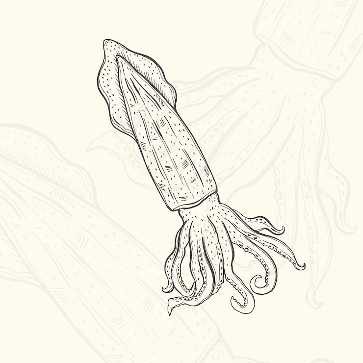 Vettore illustrazione del menu di disegno dell'elemento disegnato a mano di schizzo di cibo di calamari oggetto isolato in fondo bianco