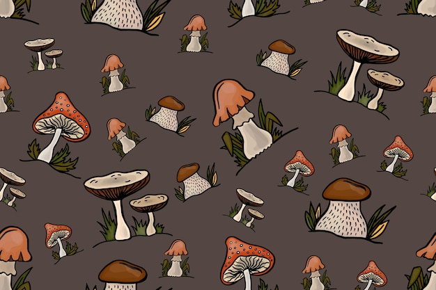 Illustrazione del modello senza cuciture dei funghi Fungo della foresta di fantasia isolato Fungo pallido o funghi amanita stampa Doodle agarico Sfondo di stampa tessile