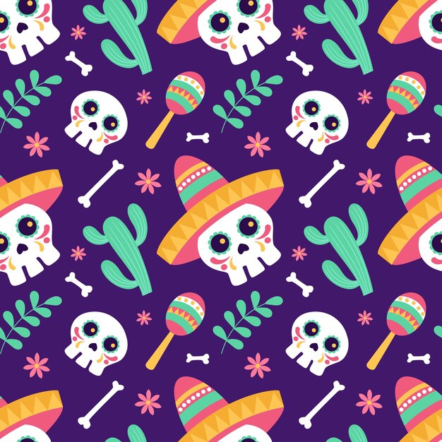 Illustrazione del modello senza cuciture Dia de Muertos con il giorno dei morti e l'elemento scheletro