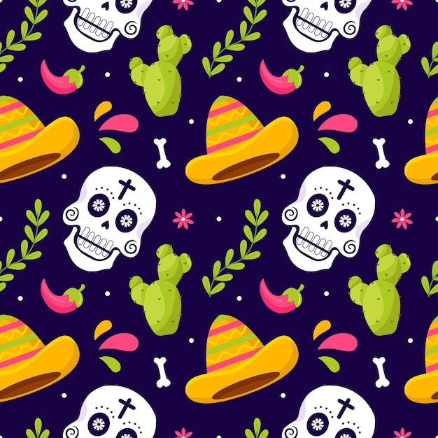 Illustrazione del modello senza cuciture Dia de Muertos con l'elemento del giorno dei morti nel design messicano