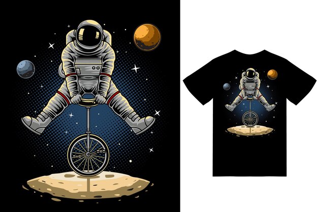 Illustrazione del monociclo di guida dell'astronauta con il vettore premio di disegno della maglietta