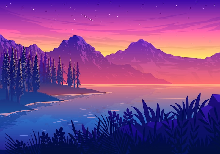 Vettore illustrazione del paesaggio del lago al tramonto