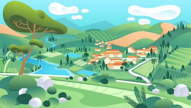 Illustrazione del paesaggio della campagna con le case, il fiume, la montagna, gli alberi e il bello paesaggio