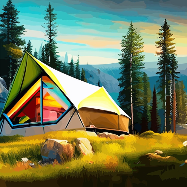 Illustrazione del paesaggio di un giorno soleggiato in stile piatto con tenda m sfondo forestale per la natura del campo estivo