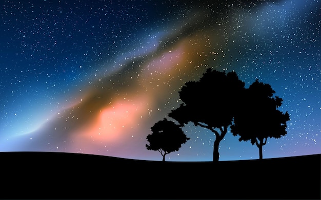 Illustrazione del paesaggio notturno della Via Lattea con alberi in silhouette