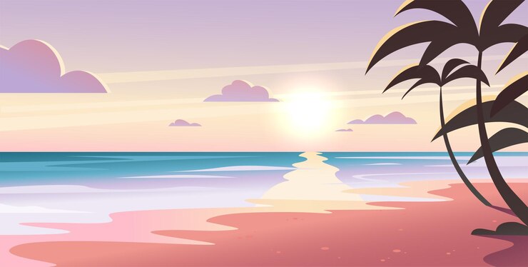 Vettore illustrazione del paesaggio piatto vettoriale del tramonto estivo della natura selvaggia sulla spiaggia con cielo, costa del mare, oceano, palme. per banner di viaggio, card, pubblicità vacanze e turistiche, brochure, flayer.
