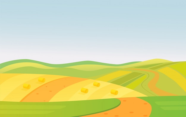 illustrazione del paesaggio rurale di campi verdi e gialli di bella estate.