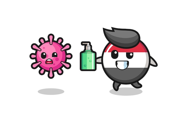 Illustrazione del personaggio del distintivo della bandiera dello Yemen che insegue il virus malvagio con un disinfettante per le mani
