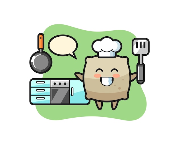 illustrazione del personaggio del sacco mentre uno chef sta cucinando, design in stile carino per maglietta, adesivo, elemento logo