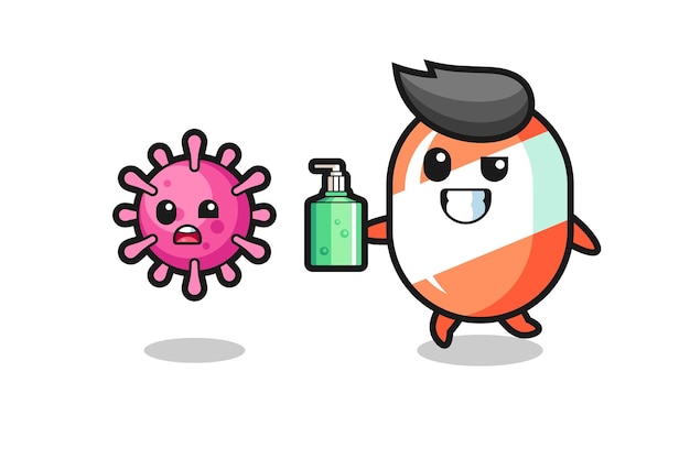 Illustrazione del personaggio delle caramelle che insegue il virus malvagio con un disinfettante per le mani
