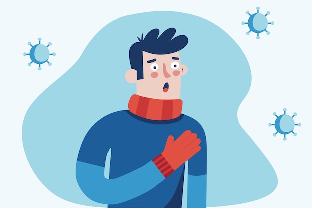 Illustrazione del personaggio piatto del vettore dell'uomo che tossisce Sintomi dell'influenza Virus che volano in giro
