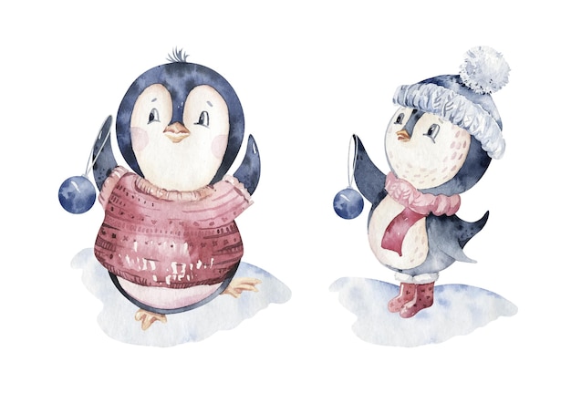 Illustrazione del pinguino del personaggio di Natale dell'acquerello Inverno cartone animato carino divertente animale vacanza natale