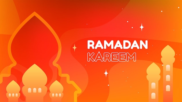 Illustrazione del Ramadan Kareem sullo sfondo del paesaggio con gli ornamenti della silhouette della moschea e l'arancione dominante per l'uso degli eventi del Ramadan e di altri eventi musulmani