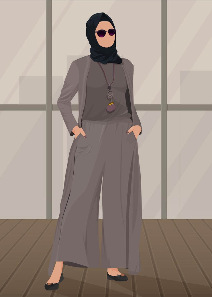 Vettore illustrazione del ritratto piatto della ragazza musulmana moderna indossa tuta, occhiali e hijab