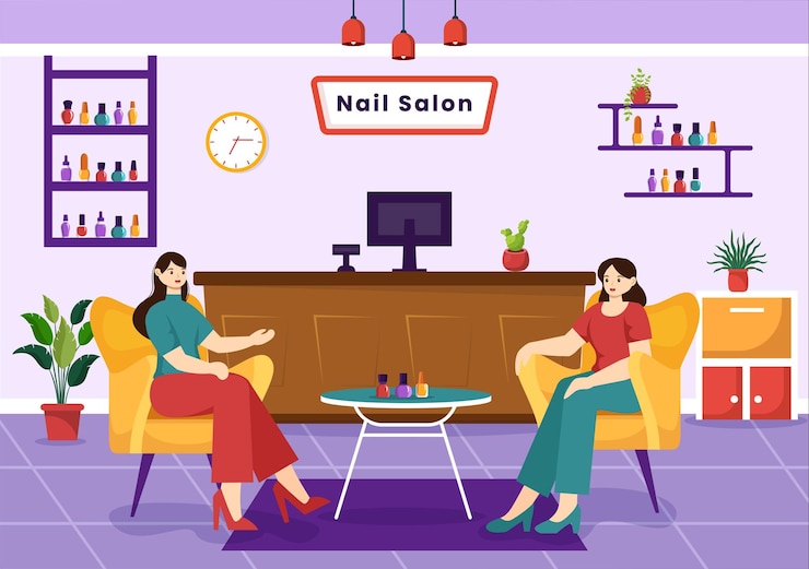 Vettore illustrazione del salone di lucidatura delle unghie con ricezione di manicure o pedicura con strumenti e accessori