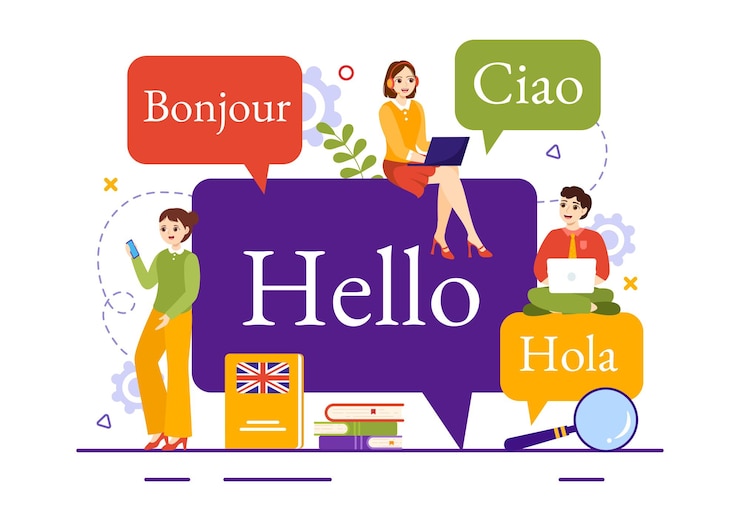 Vettore illustrazione del servizio di traduttore con traduzione linguistica diversi paesi e multilingue