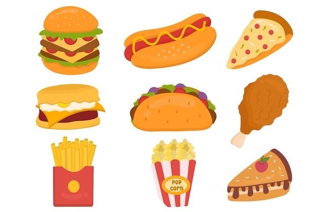 Illustrazione del set di fast food disegnato a mano Colore pastello Adatto per disegni piatti, illustrazioni, adesivi clip art ecc.