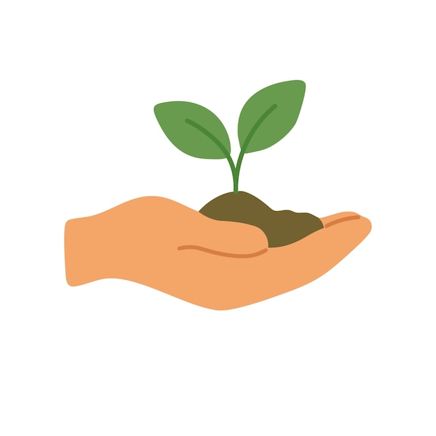 Illustrazione del simbolo di cura e sostenibilità ecologica con la mano aperta che tiene un germoglio di pianta verde