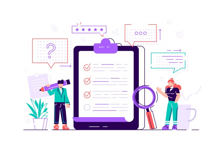 Illustrazione del sondaggio. Concetto di mini persone piatte con test di qualità e rapporto di soddisfazione. Feedback dai clienti o modulo d'opinione. Il cliente risponde alla comprensione con il team di ricerca professionale.