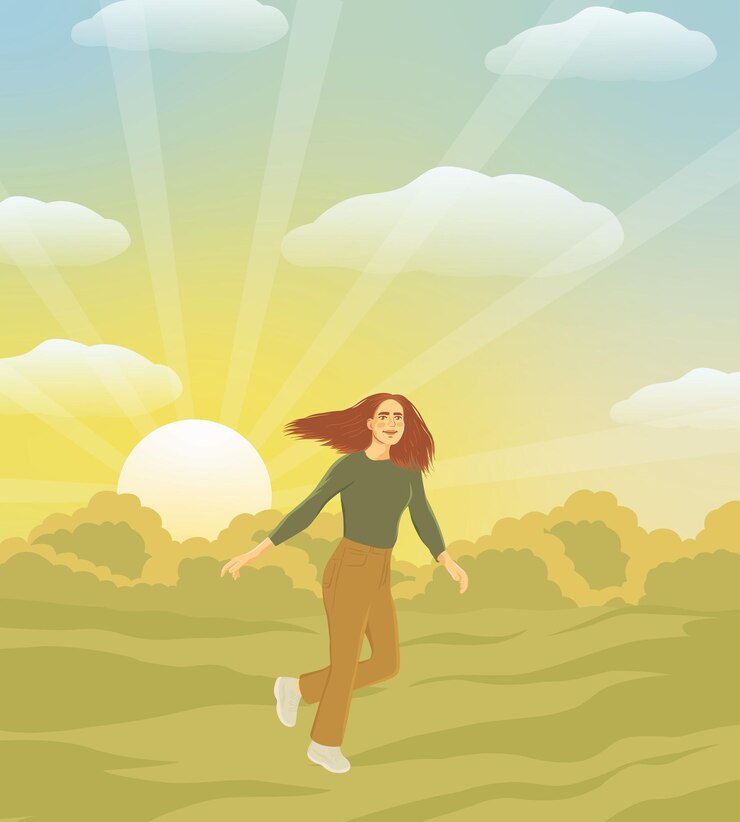 Vettore illustrazione del tramonto con una ragazza felice