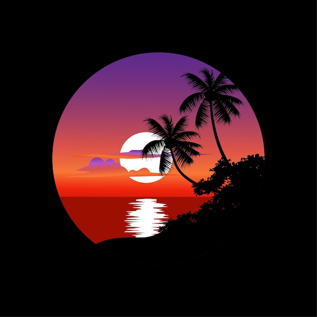 Illustrazione del tramonto della natura con la siluetta della palma e la spiaggia