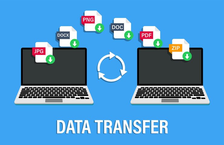Vettore illustrazione del trasferimento dei dati due laptop che condividono file diversi illustrazione vettoriale