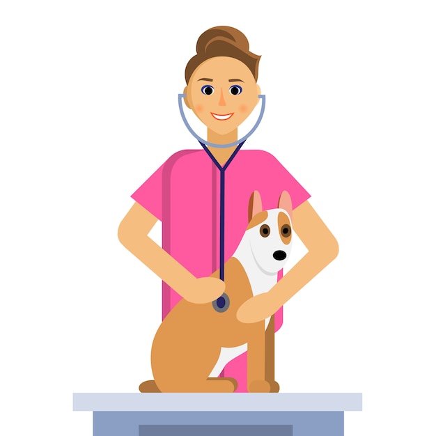 Illustrazione del veterinario femmina facendo un esame del cane carino sul tavolo medico