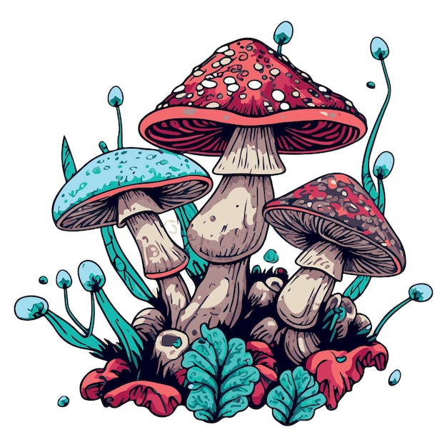 Illustrazione del vettore dei funghi Fungo trippy psichedelico Disegno di cartoni animati hippie magici organici