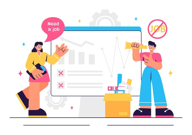 Illustrazione del vettore del tasso di disoccupazione con individui che cercano attivamente un lavoro in un contesto di recessione economica e crisi finanziaria