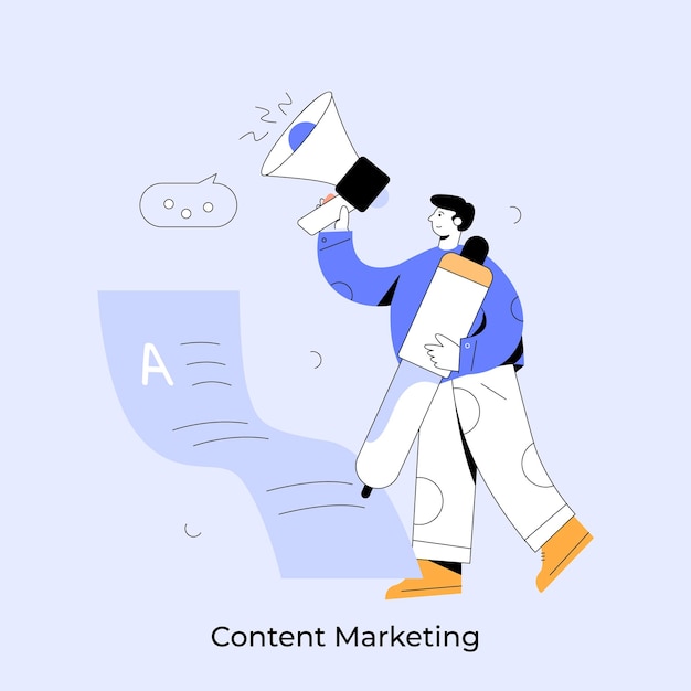 Illustrazione del vettore della strategia di marketing dei contenuti un uomo con un megafono che dice contenuto su di esso