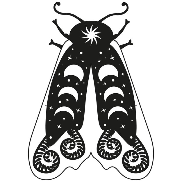 Illustrazione del vettore Mystery Moon Moth Insetto floreale magico su sfondo bianco