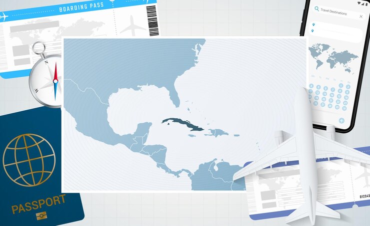 Vettore illustrazione del viaggio a cuba con una mappa di cuba sfondo con bussola e biglietti per il passaporto del telefono cellulare in aereo