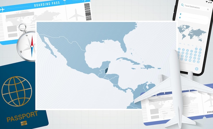 Vettore illustrazione del viaggio in belize con una mappa del belize sfondo con bussola e biglietti per il passaporto del telefono cellulare dell'aeroplano