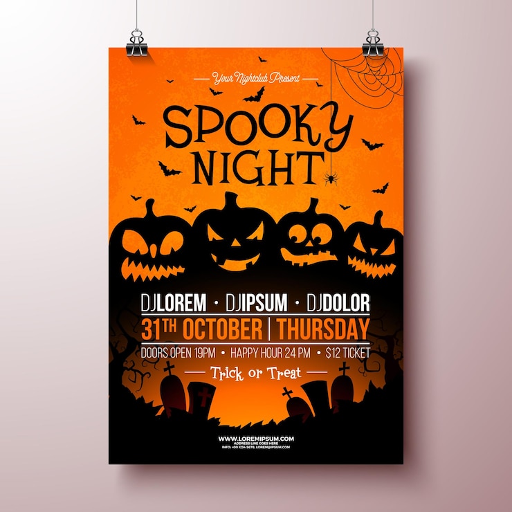 Vettore illustrazione del volantino della festa di halloween con zucche spaventose su sfondo vettoriale arancione