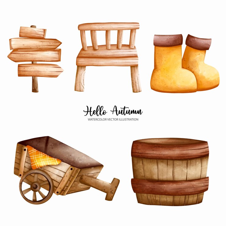 Vettore illustrazione dell'acquerello dell'agricoltore barile di legno sedia di legno carrello di legno stivali da giardinaggio wood signxdxa