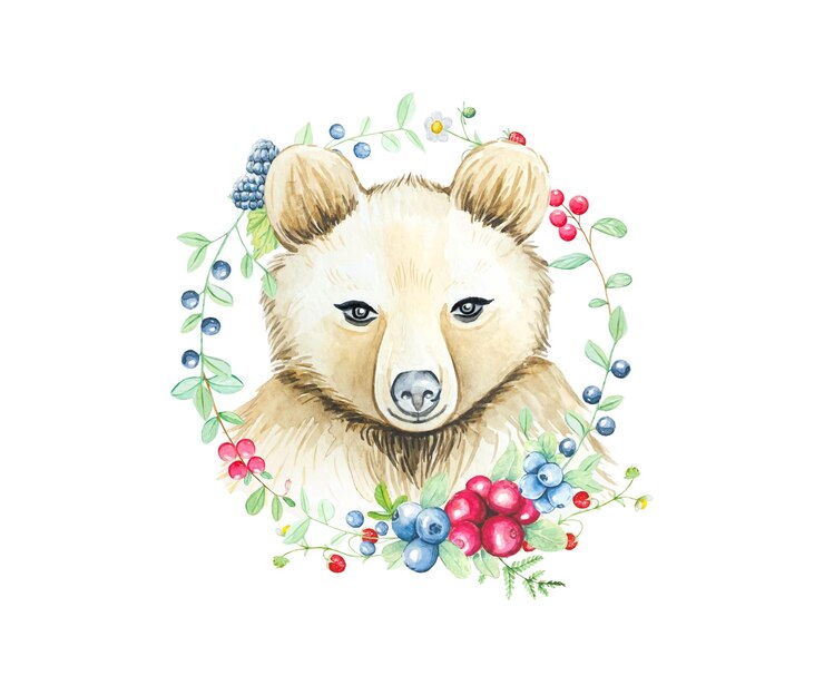 Vettore illustrazione dell'acquerello della corona di bacche e orso carino