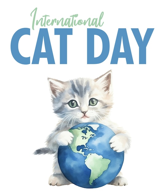 Illustrazione dell'acquerello della giornata internazionale del gatto vettoriale di un gatto che tiene il globo terrestre