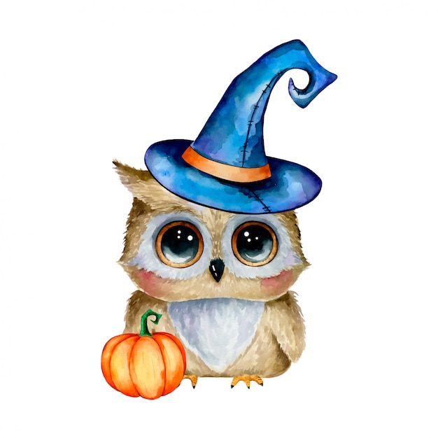 Illustrazione dell'acquerello di un gufo sveglio di Halloween del fumetto in un cappello magico con una zucca isolata
