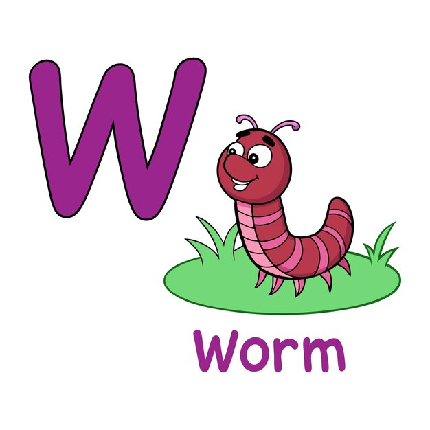 Illustrazione dell'alfabeto W Worm per bambini Fun and Educational Preschool Learning Concept
