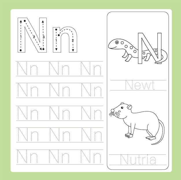 Illustrazione dell'animale del vocabolario dei cartoni animati di N esercizio AZ